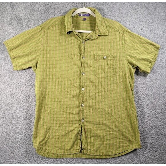 Ibex Organic Cotton Button Shirt Mens XXL 2XL Green Striped Short Sleeve Pocket - Picture 1 of 13